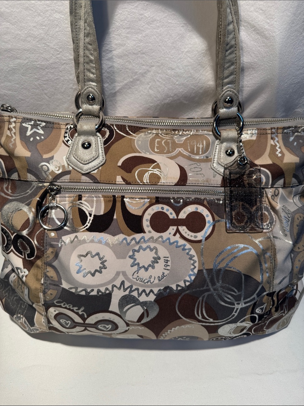 Coach Poppy Neutral Multi-Pattern Tote in Taupe, Brown and Cream - Picture 2 of 14